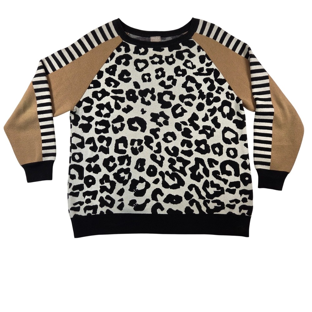 Chico's Women's Sz XL Animal Print Fall Winter Sweater Mob Wife Black White‎ Tan